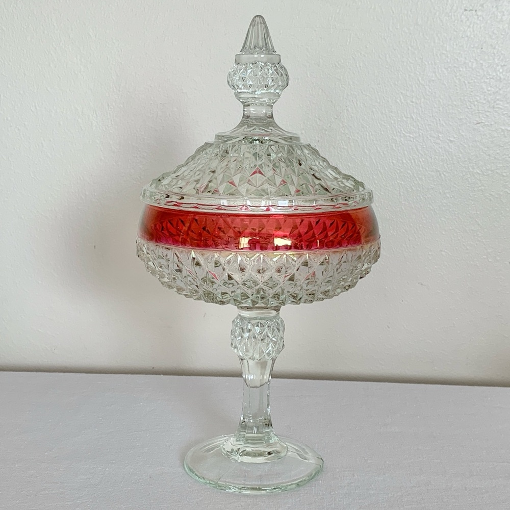 Indiana Glass Vintage Diamond Point Ruby Red Flashed Compote Pedestal Dish & Lid